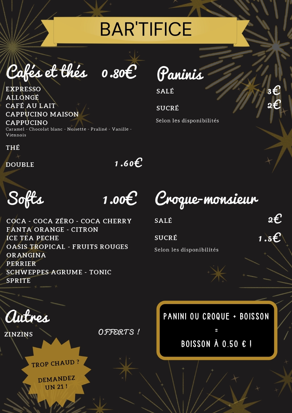 "carte du BAR'TIFICE (pour faire rapide, c'est pas cher)"